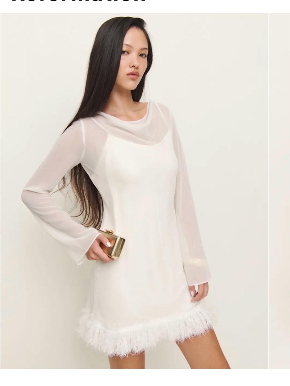Reformation “Tetty” White Sheer Mini Dress with Feather Hem
